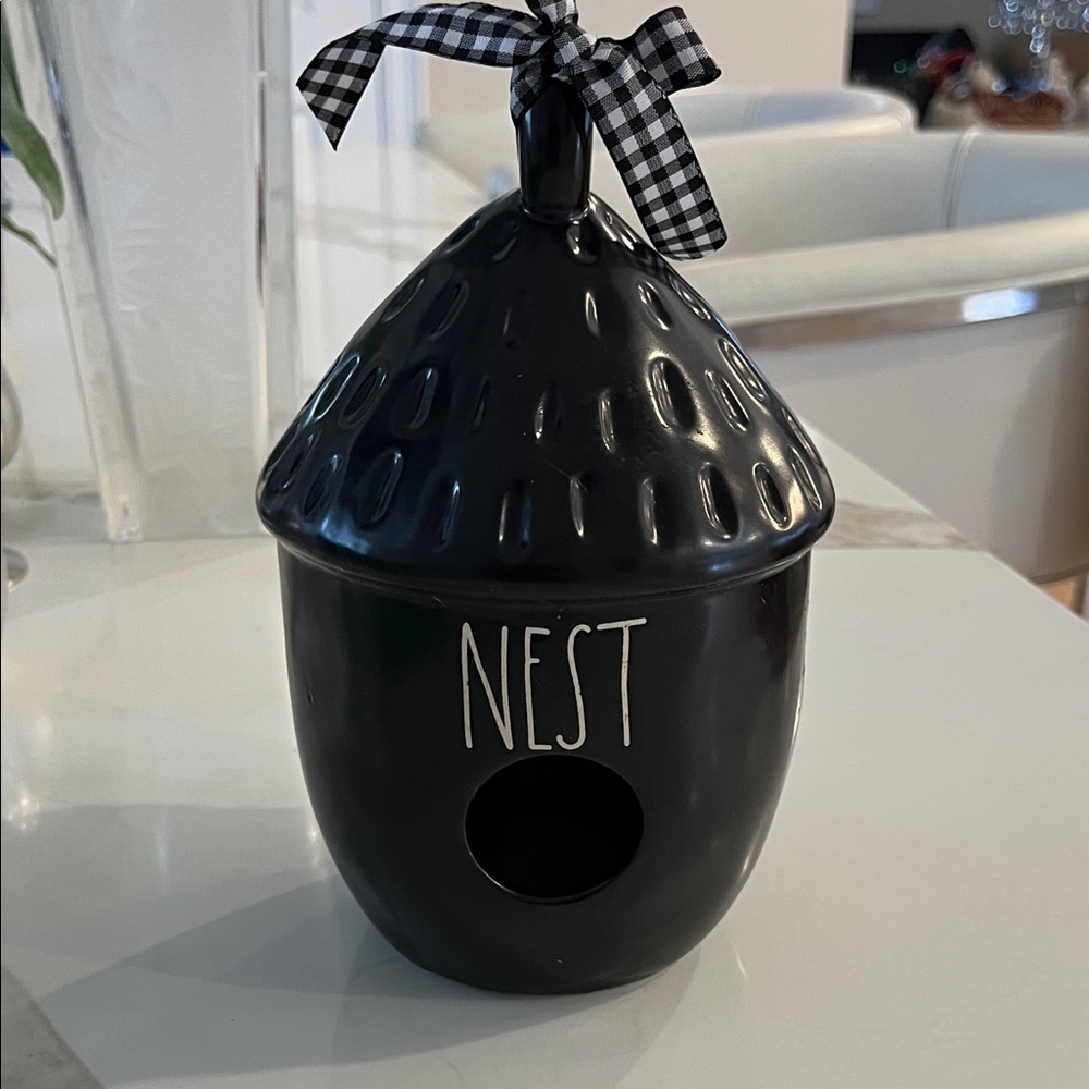 Rae Dunn Black Ceramic Acorn Shape Bird Feeder “NEST” - 9” tall & 3” at the base